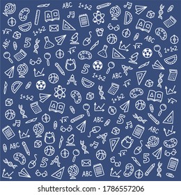 vector sketch icons on a school theme on a blue background