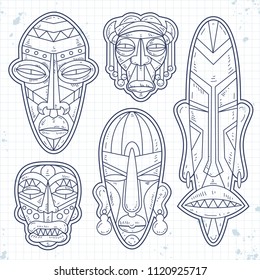 Vector sketch icons, set of African Ethnic Tribal mask. Ritual symbols.
