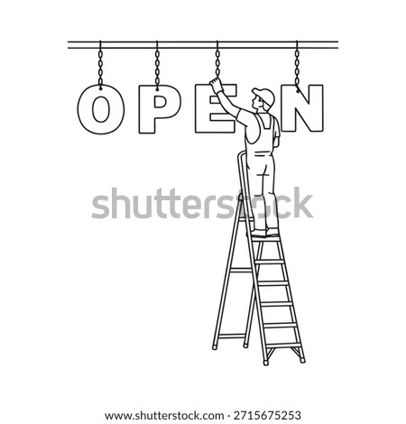 A vector sketch illustration of an advertising worker climbing a ladder to install an OPEN sign to indicate that a place is now open