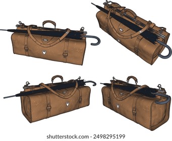 Vector sketch illustration of aesthetic work trip travel bag design with umbrella holder 