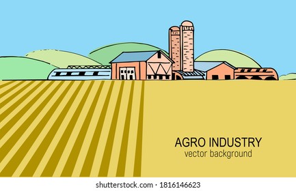 Dibujo vectorial de una granja agrícola, negocio agropecuario, con hangares agrícolas, torre de silo, vacas en pastos. Dibujo manual en una línea con un fondo de color.