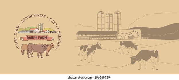 Vector sketch illustration of an agricultural farm, agri business, with agricultural hangars, silo tower, cows on pasture. Hand drawing in one line