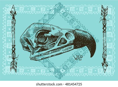 Vector sketch illustration  animal skull. Drawing by hand. Boho style. Use for posters, postcards, print for t-shirt, tattoo.