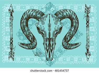 Vector sketch illustration  animal skull. Drawing by hand. Boho style. Use for posters, postcards, print for t-shirt, tattoo.