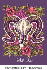 Vector sketch illustration  animal skull. Drawing by hand. Boho style. Use for posters, postcards, print for t-shirt, tattoo.