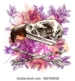 Vector sketch illustration  animal skull. Drawing by hand. Boho style. Use for posters, postcards, print for t-shirt, tattoo.