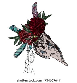 Vector sketch illustration animal skull. Drawing by hand. Boho style. Use for posters, postcards, print for t-shirt, tattoo.