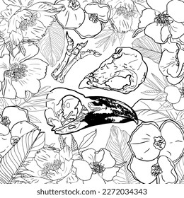 Vector sketch illustration animal skulls. Bird skulls and floral frame. Antistress coloring page isolated on white. For clothing print, postcards, designer, cover, tattoo design boho outline style