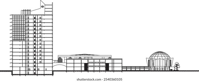 Vector sketch illustration of the architectural design silhouette of the exterior of a modern shopping mall building facade