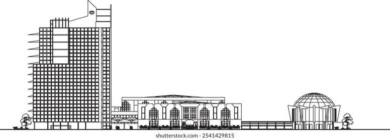 Vector sketch illustration of the architectural design silhouette of the exterior of a modern shopping mall building facade