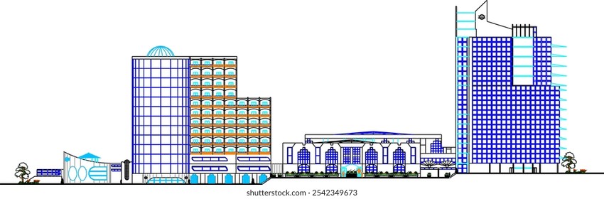 Vector sketch illustration of the architectural design silhouette of the exterior of a modern shopping mall building facade
