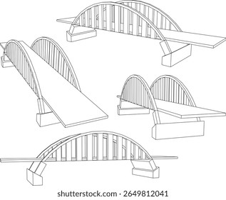 Ilustración del bosquejo del Vector del diseño arquitectónico de la construcción clásica clásica del puente de madera y hormigón