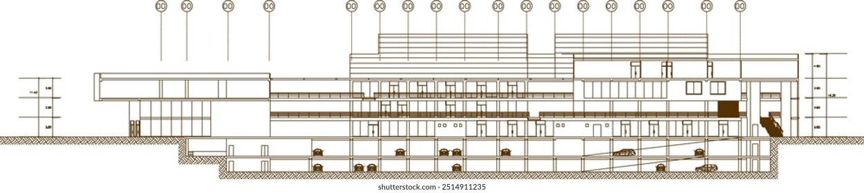 Ilustração de esboço vetorial de um desenho de projeto de engenharia arquitetônica de uma vista do edifício do centro cultural com dimensões