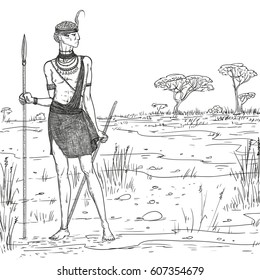 Vector sketch illustration. Armed warrior of the Masai tribe in traditional clothes and jewelry against the background of the savannah landscape. African people living in Kenya and Tanzania