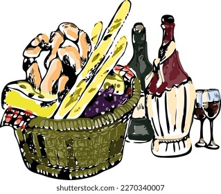 Vector sketch illustration of bakery basket with different kind of bread and chees. Vintage vector graphics of fresh bread and bottles of wine