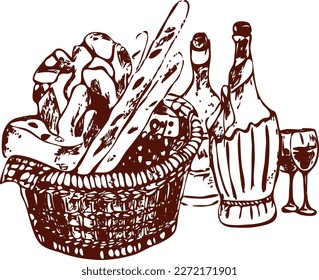 Vector sketch illustration of bakery basket with different kind of bread and chees. Vintage vector graphics of fresh bread and bottles of wine