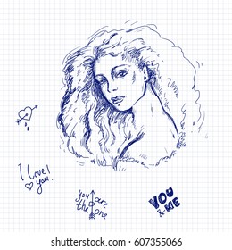 Vector sketch illustration of ballpoint pen on notebook sheet in a cage. Portrait of young beautiful girl with long thick hair, soft eyes and sensual lips. Declaration of love
