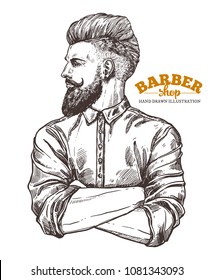 Vector sketch illustration of barbershoper. Portrait of yong hipster man with trendy hairstyle. Hand drawn image of Barber Shop owner