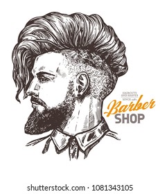 Vector sketch illustration of barbershoper. Portrait of yong hipster man with trendy hairstyle. Hand drawn image of Barber Shop owner