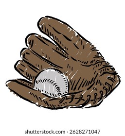 vector sketch illustration of a baseball glove and baseball with a very unique depiction that looks like handiwork