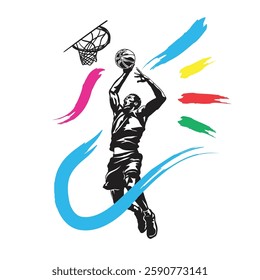 vector sketch illustration of basket ball player slam dunk