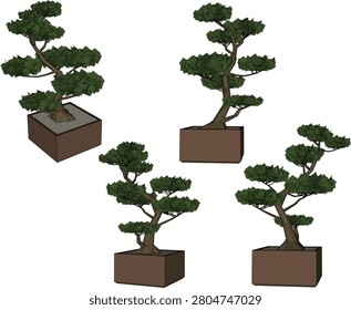 Vector sketch illustration of beautiful mini bonsai ornamental plant design in a pot for the hobby of the beauty of the art of planting flowers