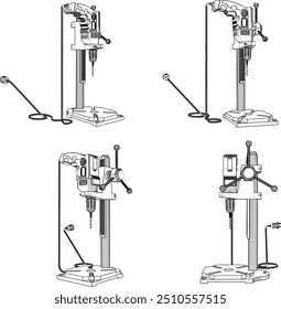 Ilustração de esboço vetorial do projeto da máquina de perfuração do banco para a indústria da carpintaria da construção