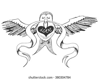 Vector sketch illustration with bird and heart. Love. Romantic hand drawn background. Design element for valentines day, save the date, wedding stationery. 