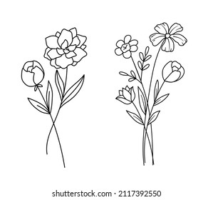 Vector sketch illustration of bouquet of flowers. Set of wildflowers in doodle style isolated on white background. Spring or summer outline cute bouquets