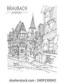 Vector sketch illustration of Braubach, Germany, Europe. Medieval fachwerk architecture, old town. Sketchy line art drawing, ink pen on paper. Hand drawn. Urban sketch, black color on white background