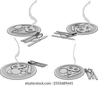 Vector sketch illustration of breakfast food design silhouette of egg and vegetable with smoke still rising