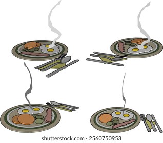 Vector sketch illustration of breakfast food design silhouette of egg and vegetable with smoke still rising