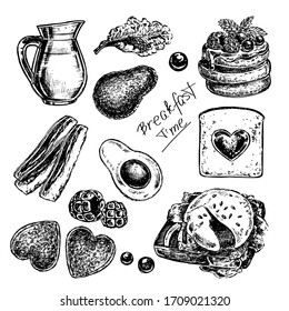 Vector sketch illustration with breakfast. Milk, poached eggs, pancakes, avocado on a white background. Delicious homemade food. Quarantine food cooking concept