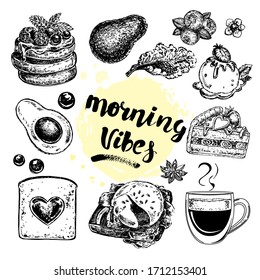 Vector sketch illustration with breakfast. Poached eggs, pancakes, avocado, coffee, cake and the inscription morning vibes on a white background. Delicious homemade food