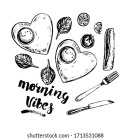 Vektorillustration Sketch-Illustration mit Frühstück. Zwei Rühreier in Form eines Herzens und die Inschrift Morning Vibes auf weißem Hintergrund. Köstliche hausgemachte Speisen