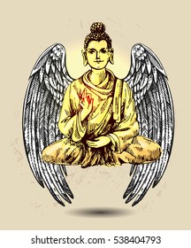 Vector sketch illustration  with buddha. Drawing by hand. Boho style. Use for posters, postcards, print for t-shirt, tattoo.