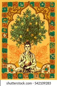 Vector sketch illustration  with buddha. Drawing by hand. Boho style. Use for posters, postcards, print for t-shirt, tattoo.