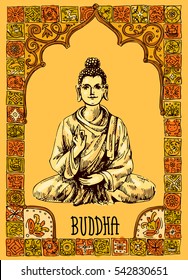 Vector sketch illustration  with buddha. Drawing by hand. Boho style. Use for posters, postcards, print for t-shirt, tattoo.