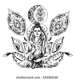 Vector sketch illustration  with buddha. Drawing by hand. Boho style. Use for posters, postcards, print for t-shirt, tattoo.