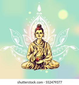 Vector sketch illustration  with buddha. Drawing by hand. Boho style. Use for posters, postcards, print for t-shirt, tattoo.