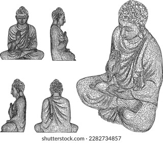 Vector sketch illustration of Buddha statue sitting cross-legged in meditatio