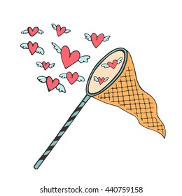 Vector sketch illustration with butterfly net and hearts in the sky. Romantic hand drawn background for valentine's day card.