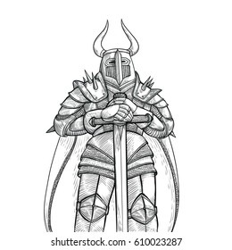 Vector sketch illustration by hand. Medieval knight in heavy metal armor and a large sword against the white background. Ancient warrior in horned helmet and a cloak with a weapon
