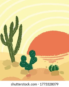 vector sketch illustration of cactuses in  the Sunny desert with flowers hand draw