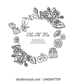 Vector sketch illustration - card with a frame of drawings of flowers, rings, gift, rings, glasses, hearts.