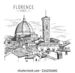 Vector sketch illustration of the Cathedral of Santa Maria del Fiore in Florence, Italy. Sketchy line art drawing with a pen on paper. Urban sketch in black color on white background. Freehand drawing