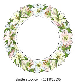 Vector sketch illustration circle frame template. White light pink tulips flower with closed opened blossom leaves pattern. Floral natural decoration background, backdrop element fabric textile design