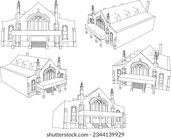 Esbozo vectorial ilustración de la antigua construcción de iglesias clásicas