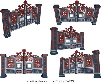 vector sketch illustration of classic vintage old iron fence gate design