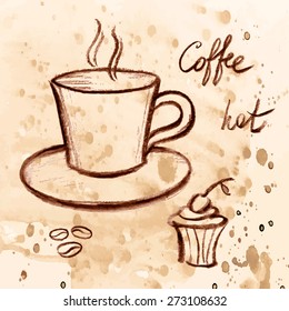 Vector sketch illustration, coffee and cake on a watercolor background.